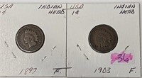 2 USA Indian Head Cents 1897 & 1903