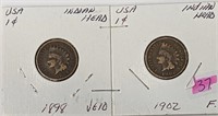 2 USA Indian Head Cents 1898 & 1902
