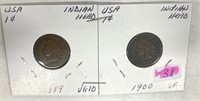 2 USA Indian Head Cents 1889 & 1900
