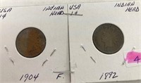 2 USA Indian Head Cents 1892 & 1904