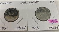 2, 1991 Canada Quarters