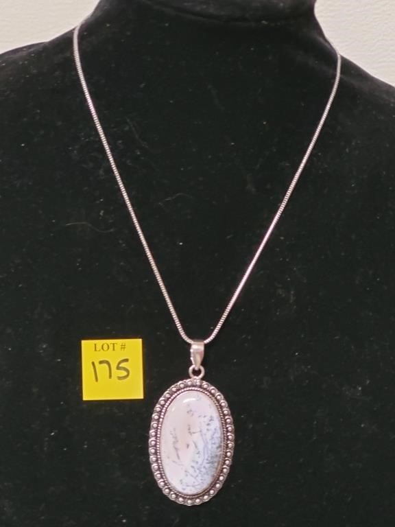 German Silver Dendrite Opal Pendant Necklace w/