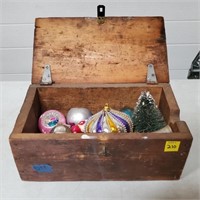 Wooden Box w/ Old Glass Christmas Ornaments