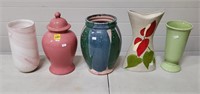 Lot of 5 Pottery & Art Glass Vases