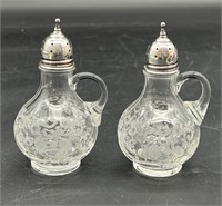 CAMBRIDGE GLASS SHAKERS w/ STERLING SILVER TOPS