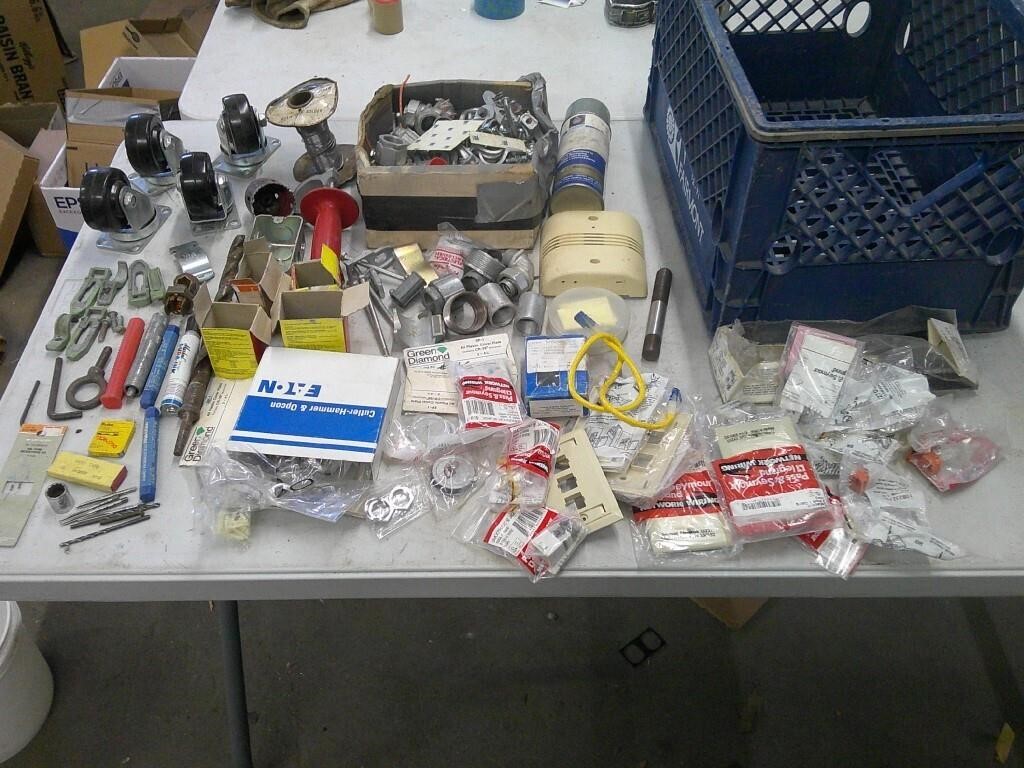 Assorted tools/parts in blue crate + light fixture