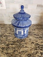 Blue and White glass Asian jar with lid