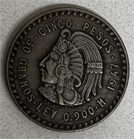 1947-48 MEXICO SILVER 5 PESOS COIN