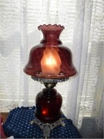 Vintage Cranberry Glass & Brass Parlor Lamp