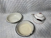 Enamel teapot and two enamel bowls