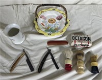 Shaving utensils,straight razors, soap, cup, dish