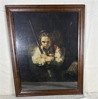 Young boy, with a broom image framed