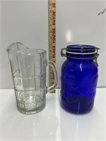 Blue Glass Jar and Pitcher