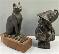 Metal Cat Figure & Spelter Bust Figure