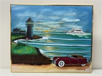 Acrylic on Canvas Classic Car on Beach Painting