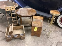 OVAL END TABLE, WOODEN SHELF UNIT, WOODEN WAGON