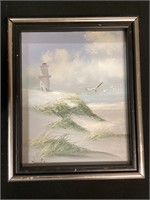Seagulls/lighthouse signed oil on canvas