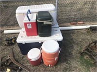 ICE CHEST, WATER JUGS