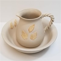 Ceramic Pitcher & Bowl Set - Applied Leaf Design