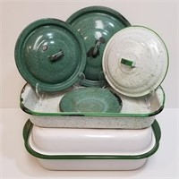 White & Green Enamelware Pans - Plates - Pot Lids