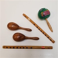Wood Flutes (India)  & Maracas - Vintage
