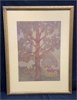 Vintage "Paul Miller" Tree & House in Landscape