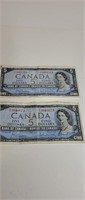 TWO 1954 $5 CANADA NOTES