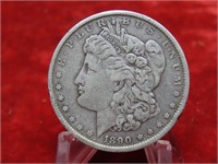 1890 Morgan Silver US dollar coin.
