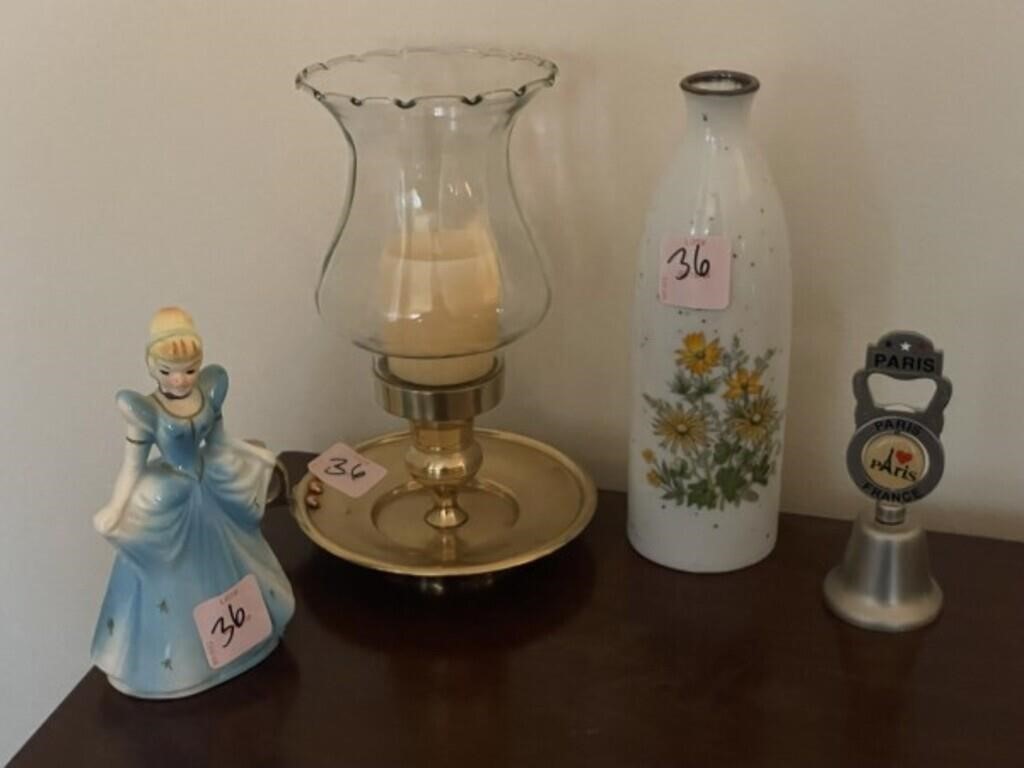 PAINTED GLASS BOTTLE, FIGURINE, CANDLE