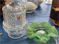 URANIUM GLASS DISH AND CRYSTAL FAIRY LAMP