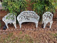 3 PC. CAST IRON LAWN SETTEE AND 2 CHAIRS