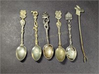 Five Silverplate Collectors Spoons & One Pick