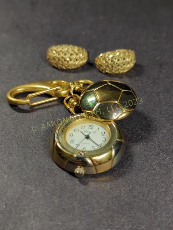 ALEX L Gold Tone Clip Watch & Fashion Earrings