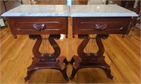 Two Vintage Wood & Marble 1 Drawer Side Tables