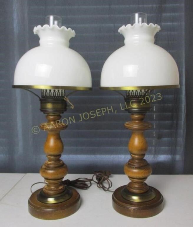 Two Vintage Wood & Milk Glass Table Lamps