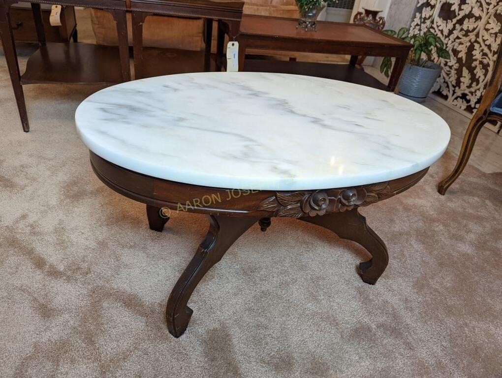 Vintage Oval White Marble and Wood Coffee Table