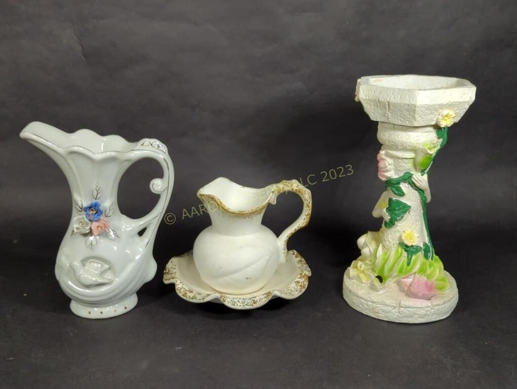 Two Ceramic Pitchers and One Resin Pedestal