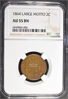 1864 LARGE MOTTO 2 CENT NGC AU-55