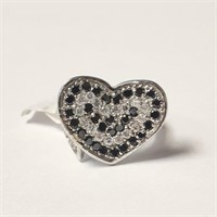 $240 Silver Black Onyx And Cz Heart Ring