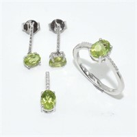 Silver Peridot(3.25ct) Earring Ring Pendant Set