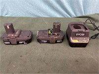 2 Ryobi 18V Lithium Batteries & Charger