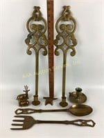 Brass candleholders, brass deer statues with some