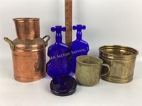 Copper pot small, cobalt blue glass violins