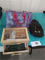 Purses, Wooden Jewelry Box with Contents