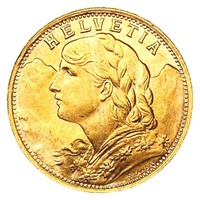 1910 Swiss .1867oz Gold 20 Francs CHOICE BU