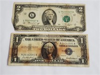 $1 1957 Silver Certificate & 1976 $2 Note