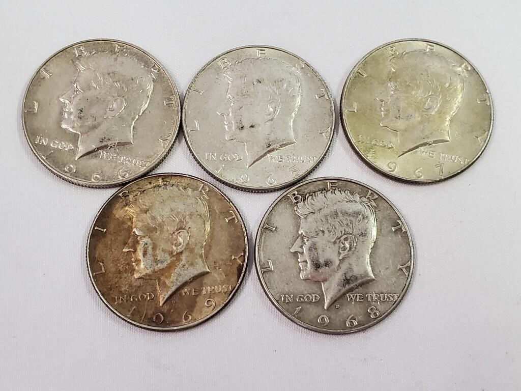(5) 40% Silver Kennedy Half Dollars