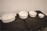 3 Corningware bowls, 1 dish with lid
