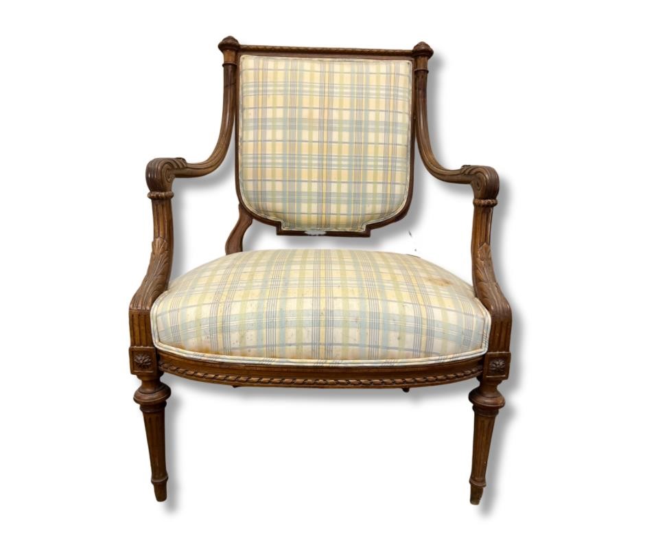 Louis XVI Style Wooden Plaid Armchair