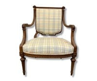 Louis XVI Style Wooden Plaid Armchair